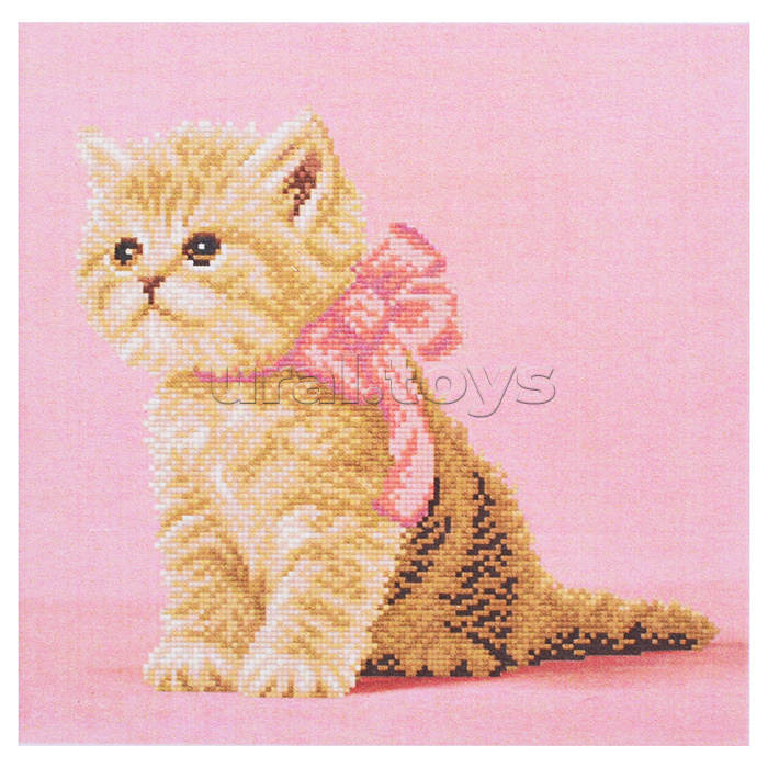 Кристальная (алмазная) мозаика 30х30 "Кошечка с розовым бантиком"