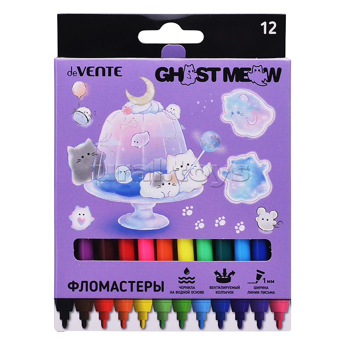 Фломастеры "Ghost Meow" 12 цветов с вентилируемым колпачком, в картонной коробке с подвесом