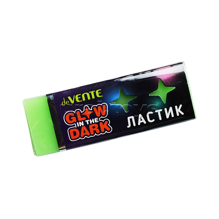 Ластик "Glow in the Dark" синтетический каучук с добавлением люминофора, прямоугольный, 60x21x10 мм, обладает временным эффектом свечения в темноте после воздействия ультрафиолетового излучения, 2 цвета микс, индивидуальная маркировка, в картонной коробке