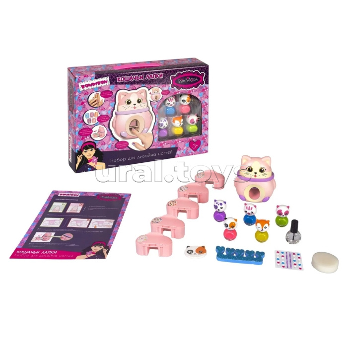 Игровой набор для дизайна ногтей Eva Moda "Кошачьи лапки", принтер-штамп в виде кошки, картриджи-узоры с дизайном 5шт.,лаки для ногтей 6 оттенков (24г), пилочка, разделитель для пальцев, самоклеящ.декор. стикеры, спонж