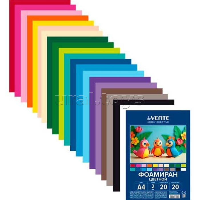 Фоамиран цветной A4 "Hobby Creative" 20 цв, 20 л, толщина 1 мм, пластиковый пакет с европодвесом