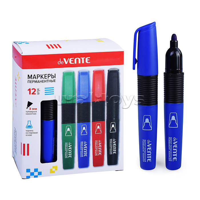 Маркер перманентный, круглый корпус с каучуковыми вставками, пулевидный наконечник, ширина линии 3 мм, синий