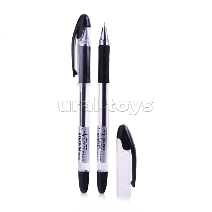 Ручка гелевая черная игольчатая "JAZZ" с металлическим наконечником, 0,5 мм., в прозрачном корпусе с резиновой вставкой в цвет чернил, клип серебряный