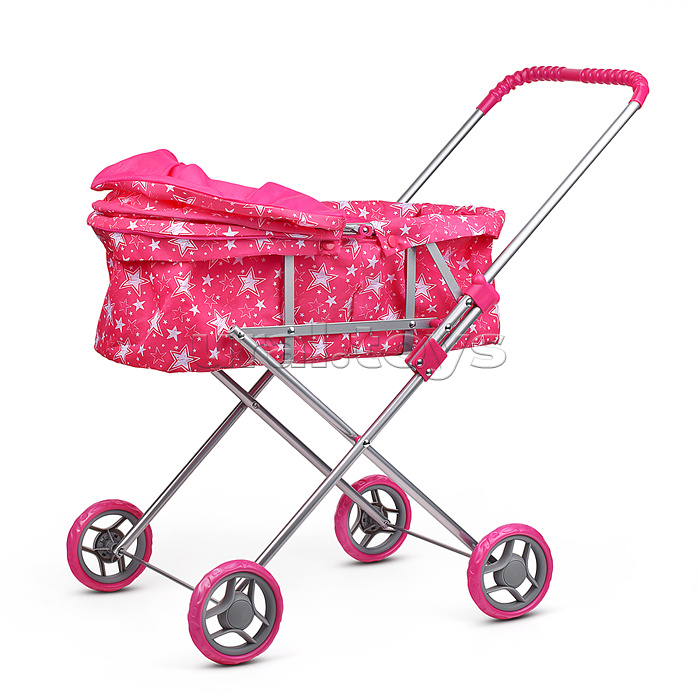 Коляска для кукол металлическая, складная, прогулочная с капюшоном, цвет звёзды на розовом