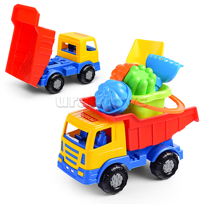 Набор №185: "Мираж", автомобиль-самосвал + ведро-цветок среднее, лопатка №5, грабельки №5, 4 формочки