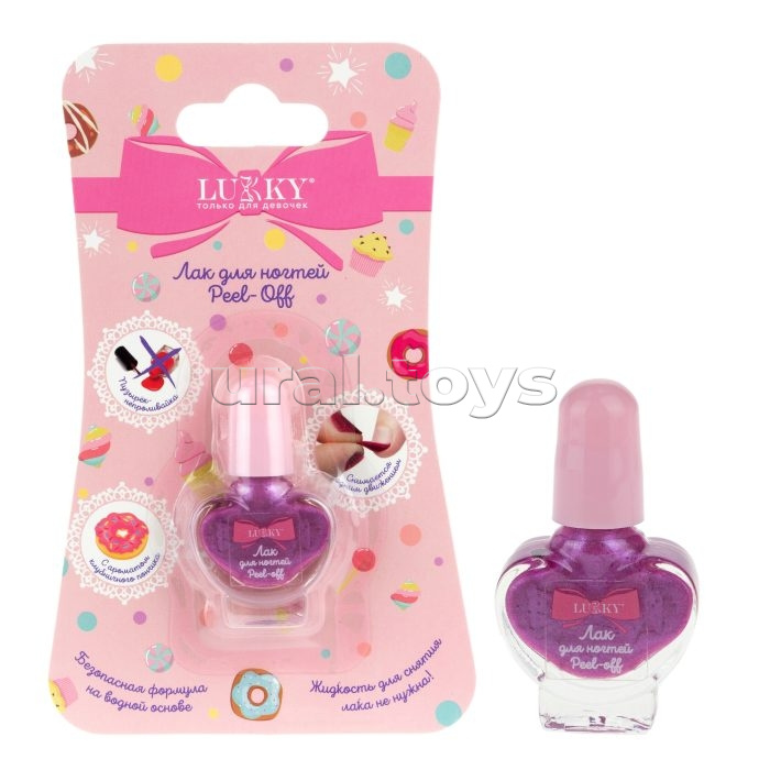 Lukky Лак для ногтей peel-off перламутровый с ароматом клубничного пончика, флакон в виде сердечка 5 мл, цвет темно-малиновый, блистер