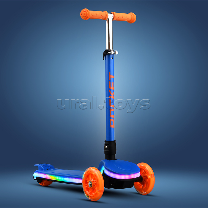 Самокат трёхколёсный ROCKET колёса световые PU, цвет синий