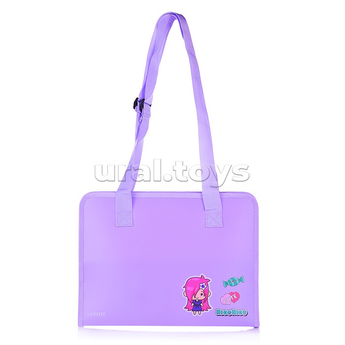 Папка для рисунков и тетрадей на круговой молнии "NicoNico" A4 (340x250x30 мм) 500 мкм, с карманом-сеткой, с регулируемыми ручками, сиреневая с рисунком
