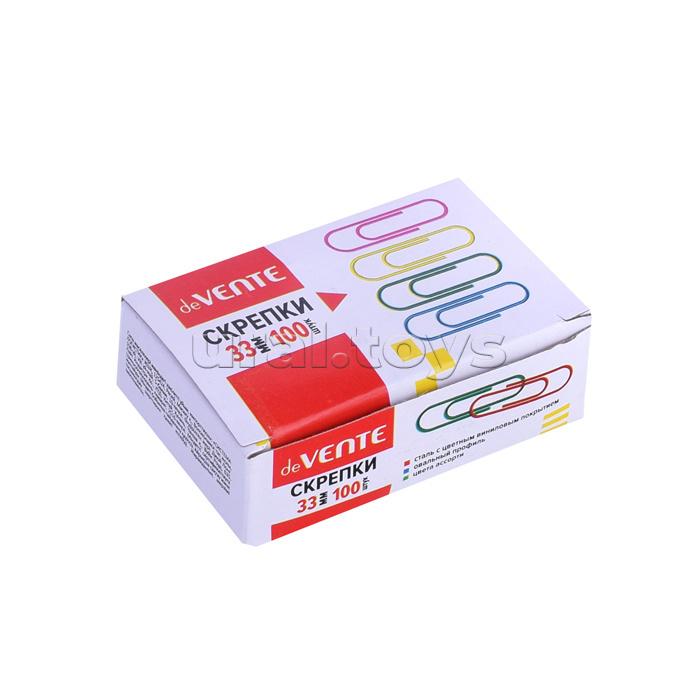 Скрепки металлические, овальные цветные 33 мм, 100 шт в картонной коробке