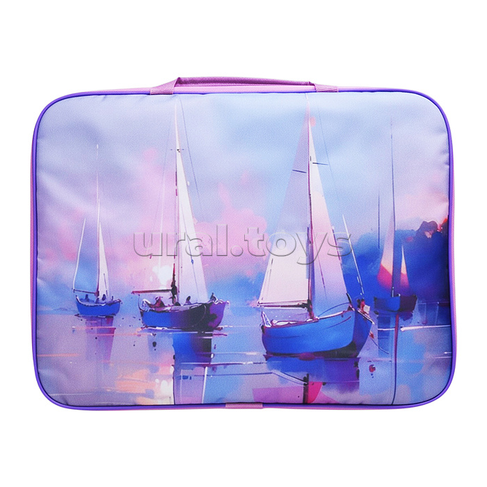 Папка школьника А4 с ручками + твердое дно, широкая, ткань, дизайн 335/260/60 "Акварельный парус"