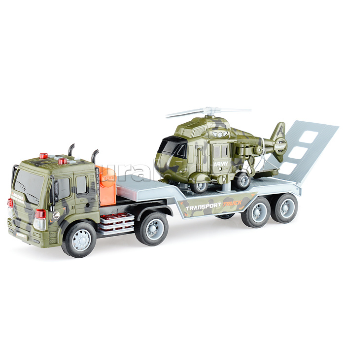 Автовоз "Военный" с вертолетом 1:16 (свет, звук) в коробке (зеленый)
