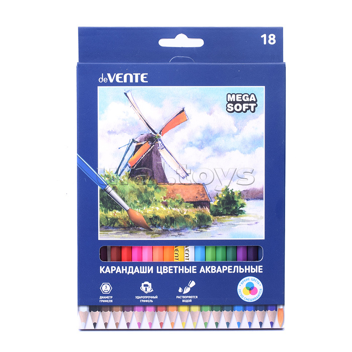 Карандаши цветные акварельные "Trio Mega Soft" 18 цветов, 3М, диаметр грифеля 3 мм, шестигранные, с кисточкой, в картонной коробке