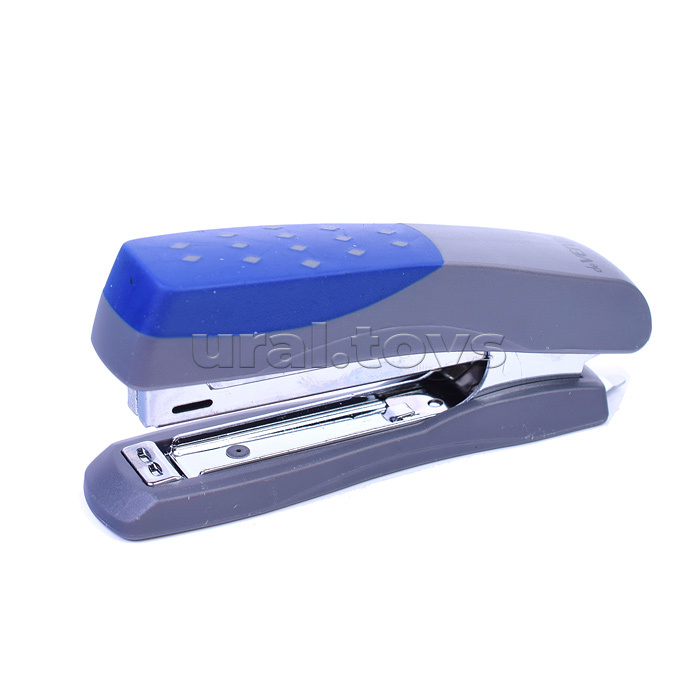 Степлер "Duos" № 10 (мощность 12 листов, глубина скрепления 60 мм) пластиковый с каучуковой вставкой, в картонной коробке, серый с синим