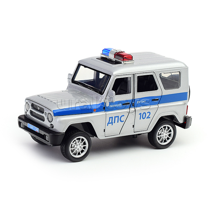 Машина металл UAZ Хантер Полиция 17 см, (двери, свет-звук, сереб.) инерц, в коробке