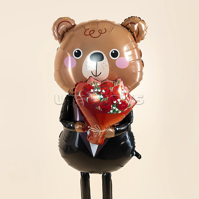 Шар 3D (64''/163 см) Ходячая Фигура, Мишка с букетом роз, 1 шт. в уп.