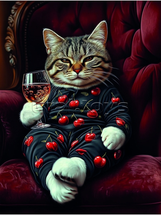 Холст с красками 40x50 по номерам "Кот с бокалом" в коробке (30цв.)