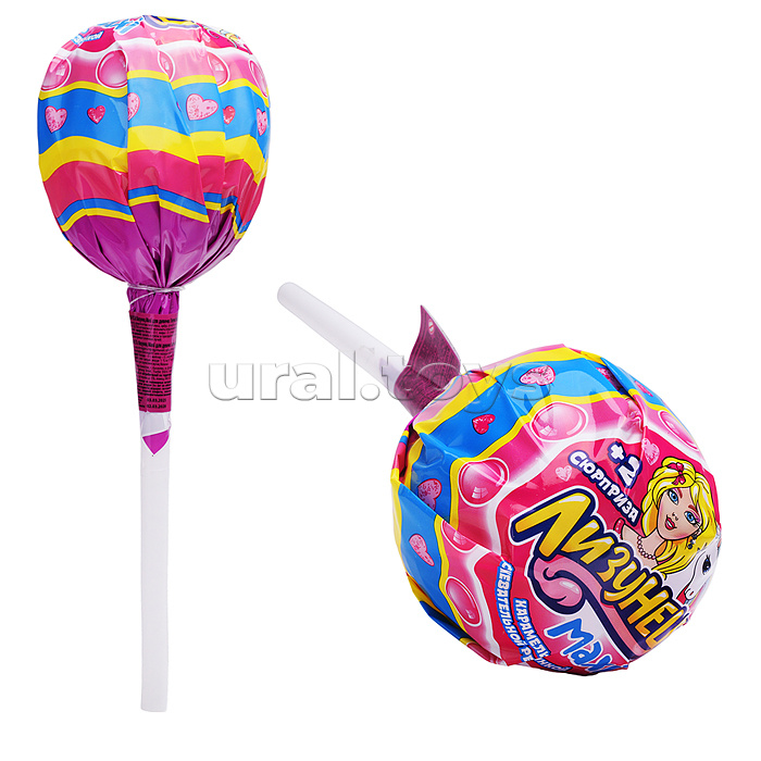 Лизунец MAXI. Карамель на палочке с жевательной резинкой и подарком в наборе (для девочек) 125гр*24шт.