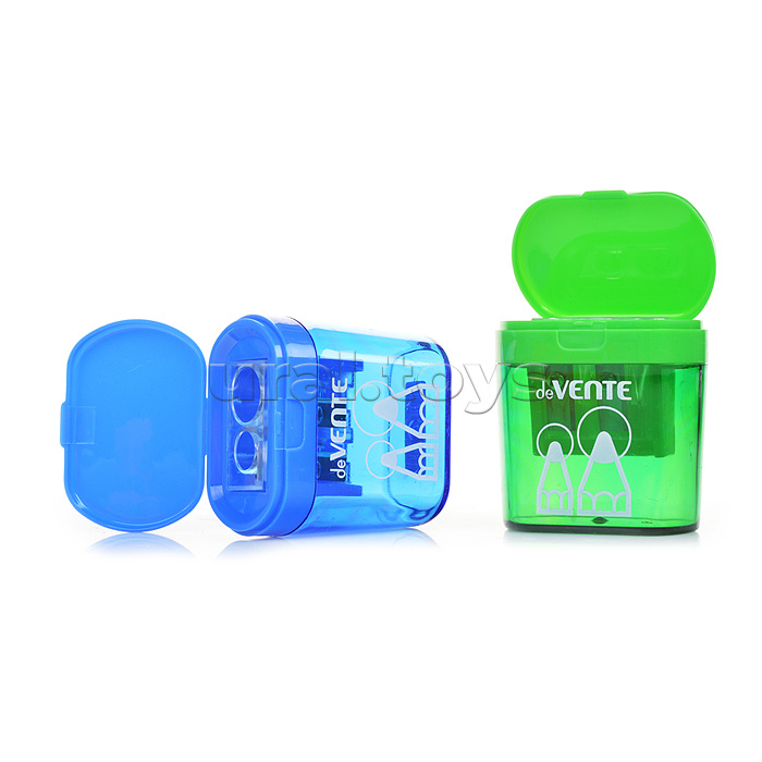 Точилка для карандашей 2 отверстия разных диаметров, с контейнером, пластмассовая, в пластиковой тубе, ассорти с индивидуальной маркировкой