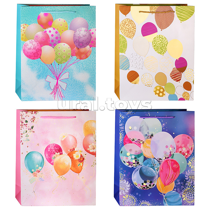 Пакет подарочный бумажный "Balloons in the sky" вертикальный, размер 26x32x10 см, с конгревом, бумага 210 г/м², ассорти 4 дизайна