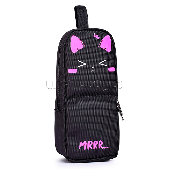 Пенал "Mrrr…" 210x90x60 мм прямоугольный, плотный износостойкий полиэстер с водоотталкивающей пропиткой, прямоугольной формы вертикальный на молнии, просторное отделение для 60 предметов, фиксация в открытом виде магнитом, с петлей, черный