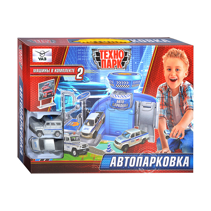 Игрушка пластик UAZ Автопарковка (2 машин.., 2 эт., гар., лифт, заправ.,) в коробке Игрушка пластик UAZ Автопарковка (2 машин.., 2 эт., гар., лифт, заправ.,) в коробке