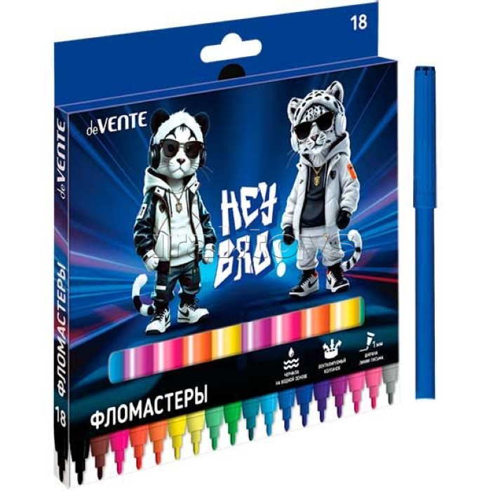 Фломастеры "Hey Bro" 18 цветов с вентилируемым колпачком, в картонной коробке с подвесом