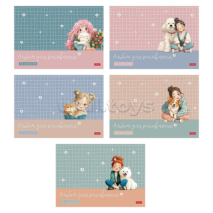 Альбом для рисования 32л А4ф "Пушистые объятия" на скобе обл. мел.картон 5 диз.в блоке