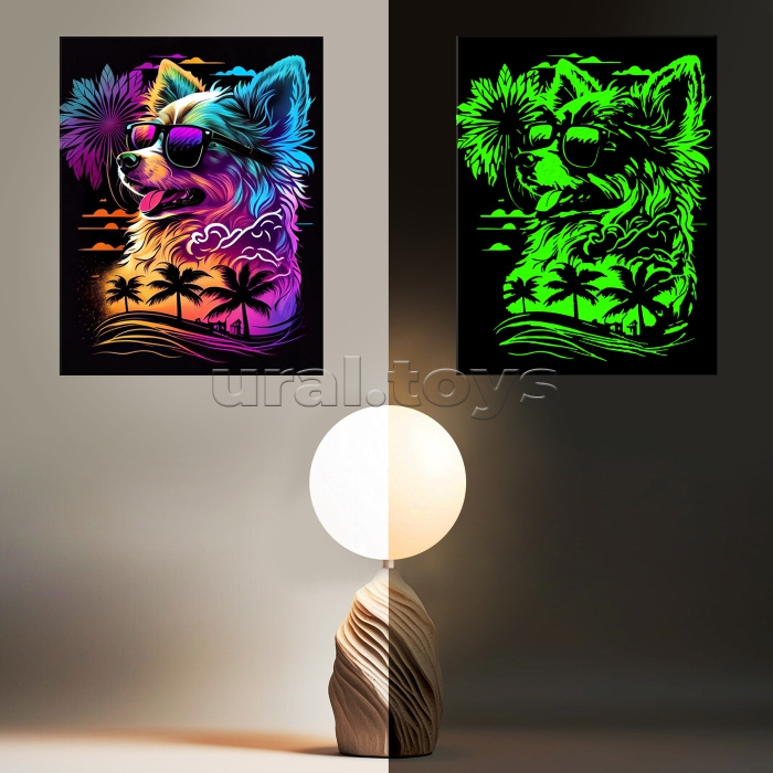 Картина по номерам 30х40 "Неоновый пес" черный холст, светящаяся краска, цветная схема (19 цветов)
