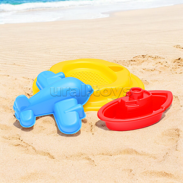 Набор Disney «Микки и Весёлые гонки» №12: ведро с наклейкой, ситечко "Солнышко", лопатка №5, грабельки №5, формочка (самолёт), кораблик "Юнга", лейка №10