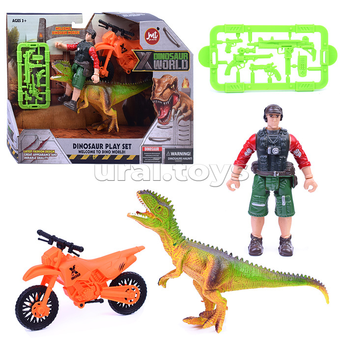 Набор динозавров "Юрский период" с фигуркой, динозавром и мотоциклом в коробке
