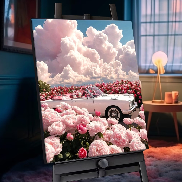 Картина по номерам 40х50 "Кабриолет в розовых цветах" с кристаллами из хрусталя (21 цвет)