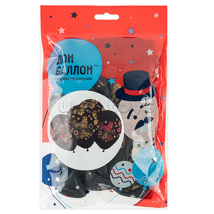 Шар (12''/30 см) Хохлома, Черный, пастель, 5 ст, 25 шт.