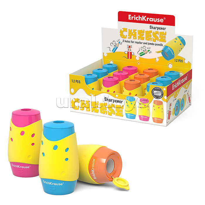 Точилка пластиковая Cheese, двойная, с контейнером, ассорти (в коробке-дисплее по 12 шт) Точилка пластиковая Cheese, двойная, с контейнером, ассорти (в коробке-дисплее по 12 шт)