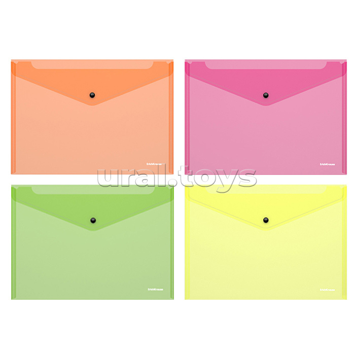 Папка-конверт на кнопке пластиковая Fizzy Neon, полупрозрачная, A4, ассорти