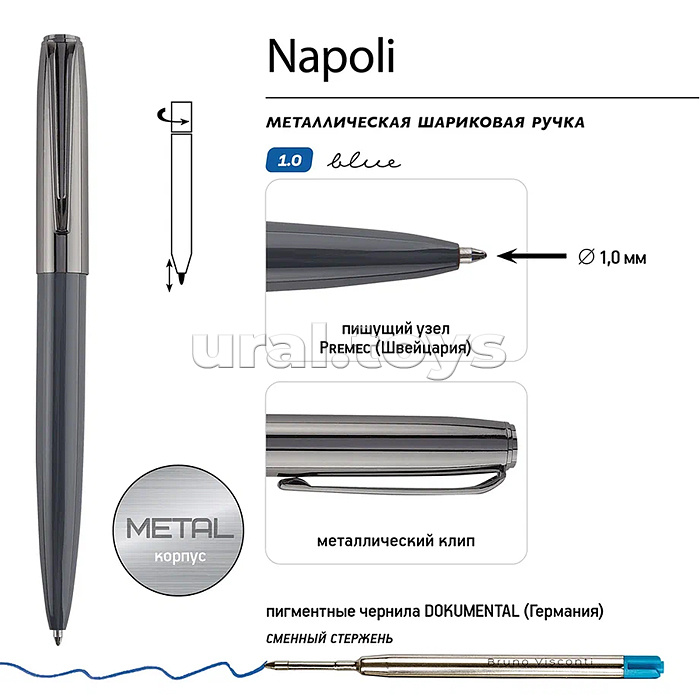 Ручка "Napoli" шариковая автоматическая, металлический корпус 1,0 мм, синяя Ручка "Napoli" шариковая автоматическая, металлический корпус 1,0 мм, синяя