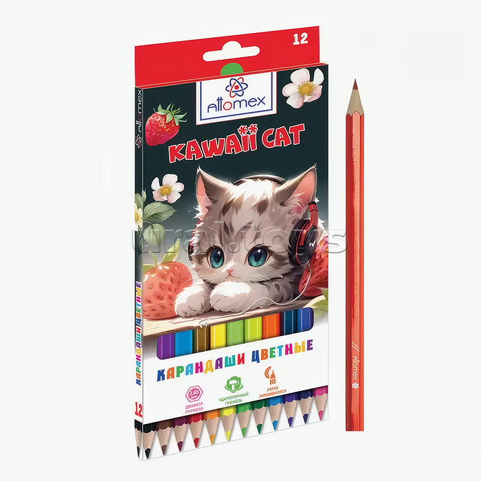 Карандаши цветные 12цв, пластиковые "Kawaii Cat" 2М, диаметр грифеля 2,65 мм, шестигранные Карандаши цветные 12цв, пластиковые "Kawaii Cat" 2М, диаметр грифеля 2,65 мм, шестигранные