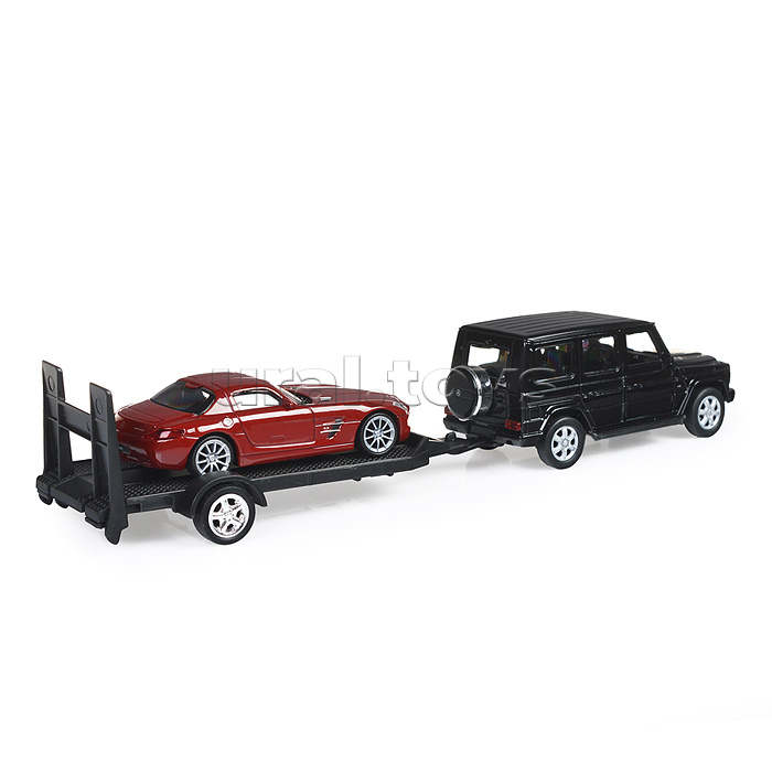 Набор 1:38, Mercedes-Benz G-Class, Mercedes-Benz SLS AMG, с прицепом, 2 шт. Набор 1:38, Mercedes-Benz G-Class, Mercedes-Benz SLS AMG, с прицепом, 2 шт.