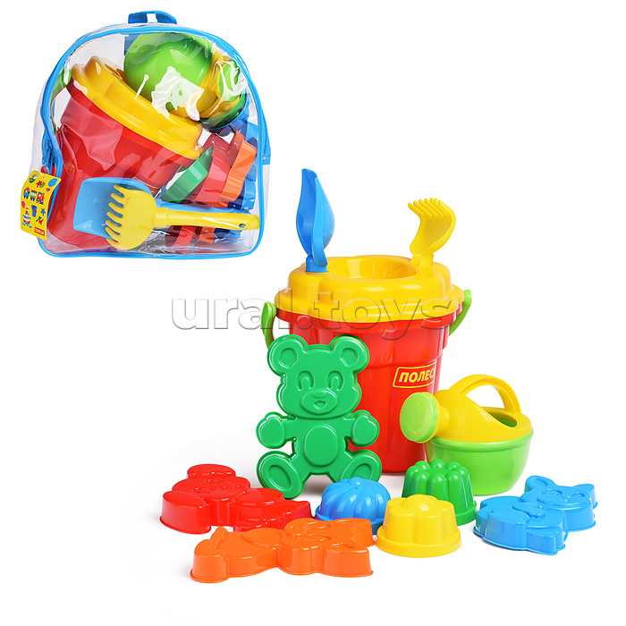 Набор №168 (в рюкзаке): ведро-цветок большое, ситечко-цветок большое, лопатка №5, грабельки №5, формочки (белочка + пёсик + котёнок + медведь), 3 формочки, лейка малая №4