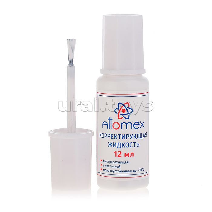 Корректирующая жидкость "Attomex" 12 мл, быстросохнущая, в бутылочке с кисточкой, в пластиковом поддоне