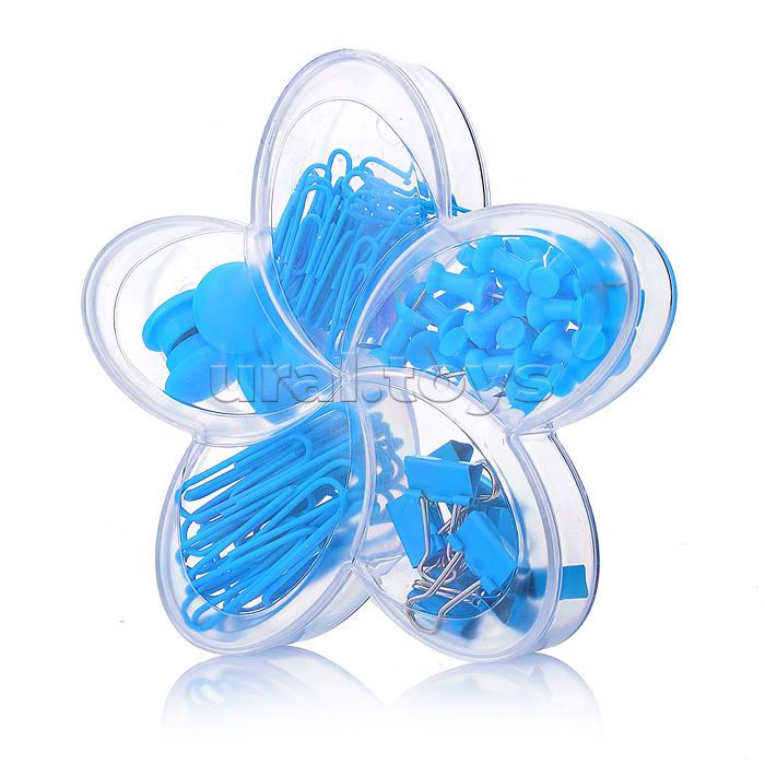 Набор канцелярских принадлежностей "Bloom Garden" (магниты цветные 20 мм – 6 шт, скрепки цветные 50 мм – 20 шт, скрепки цветные 28 мм – 40 шт, кнопки силовые цветные – 30 шт, зажимы для бумаг цветные 15 мм – 10 шт) голубой, в пластиковой коробке