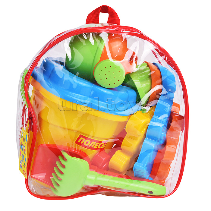 Набор №168 (в рюкзаке): ведро-цветок большое, ситечко-цветок большое, лопатка №5, грабельки №5, формочки (белочка + пёсик + котёнок + медведь), 3 формочки, лейка малая №4