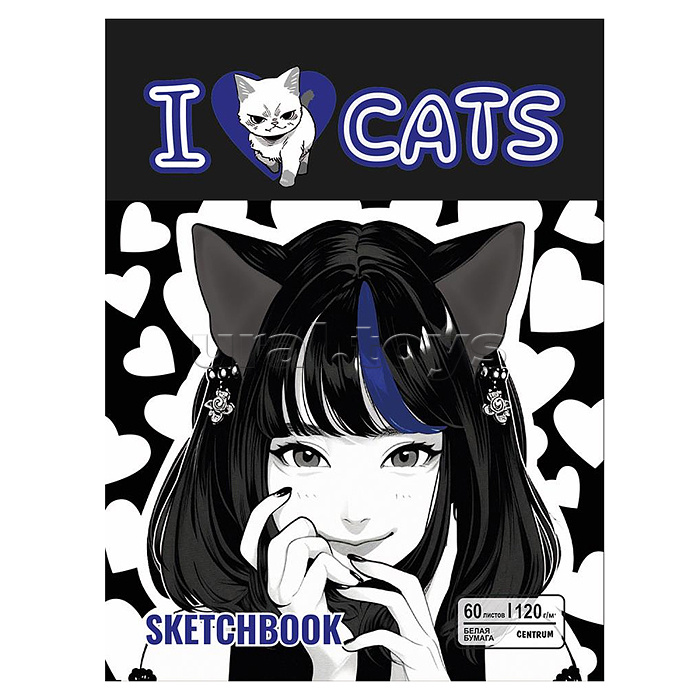 Скетчбук 60 л. "Аниме I love cats" формат А5, 60 листов, переплет гребень, расположение верхнее, офсет 120 г/м2, 100% белизны, обложка мелованный картон, размер 201х147