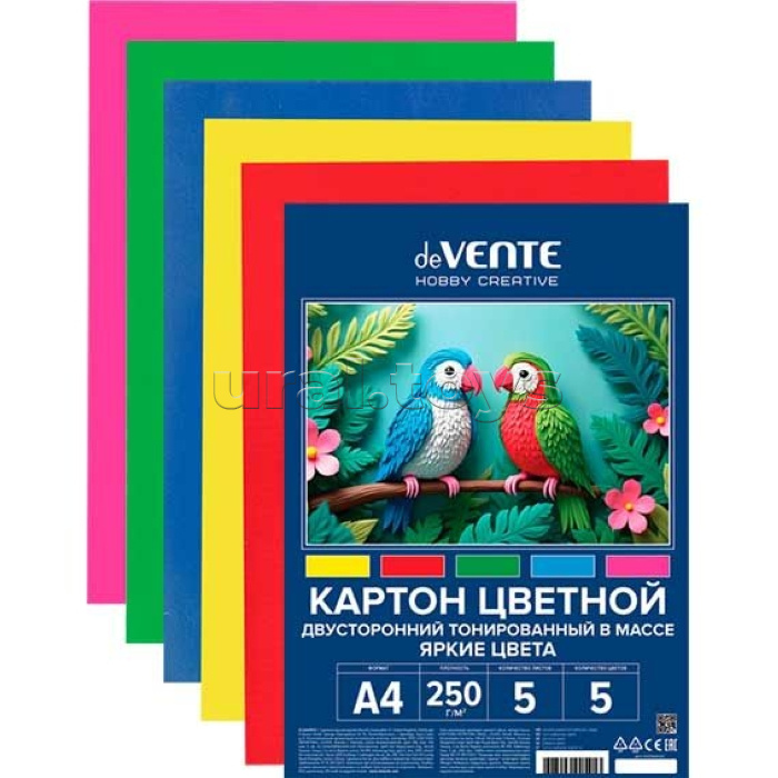 Картон цветной тонированный двусторонний A4 5 л "HOBBY CREATIVE" 250 г/м², 5 цв, пластиковый пакет с европодвесом, яркие цвета