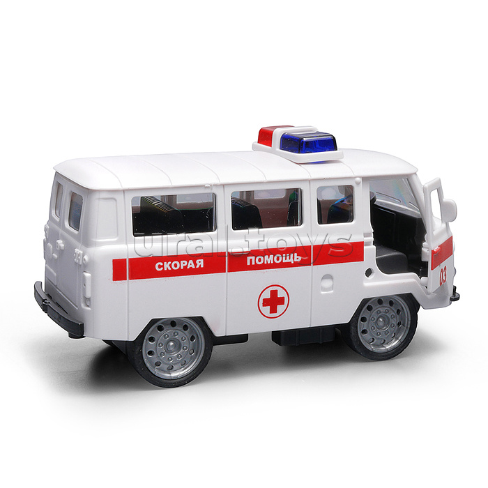 Машина пластик UAZ 452 "Скорая" 12см. (двери, белая) инерц., в коробке