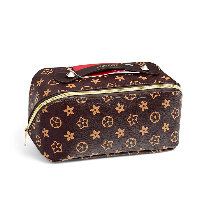 Пенал-косметичка "Monogram" 24x12x12 см, прямоугольный для 150 предметов, на молнии, внутренние карманы и отделения, со складной ручкой для переноски, искусственная кожа до -40C с антивандальной фактурой, с подкладом из эко кожи, коричневый