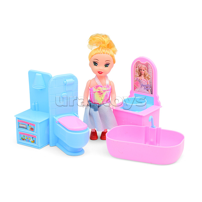 Кукла с набором мебели для ванной комнаты, в пакете