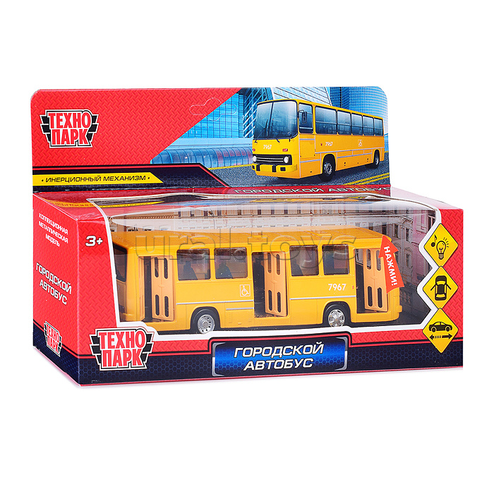 Машина металл Городской Автобус 17 см, (свет-звук,двери, желтый)инерц, в коробке