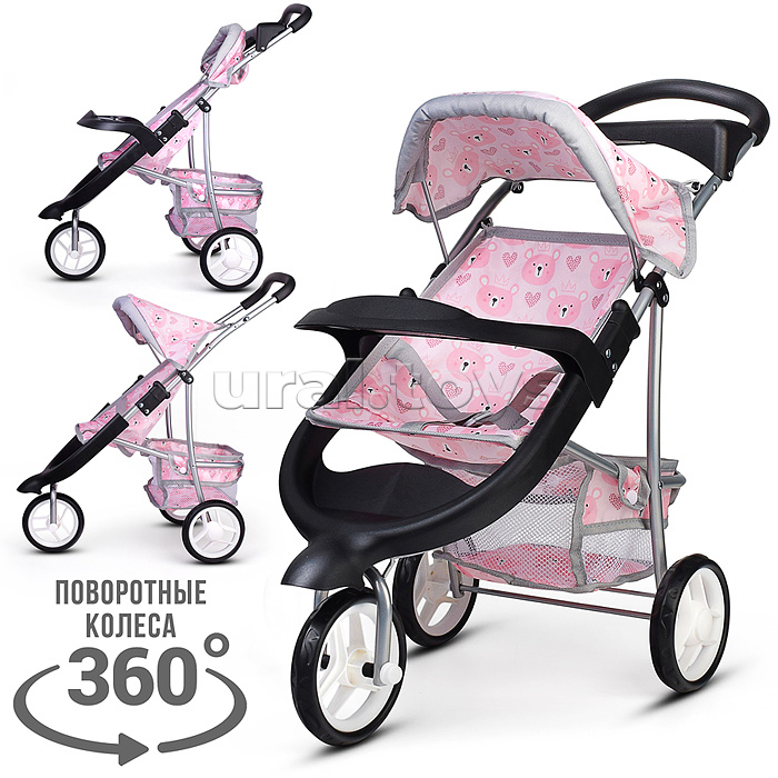 Коляская кукольная металлическая, 3-х колесная, с корзиной, козырьком и столиком