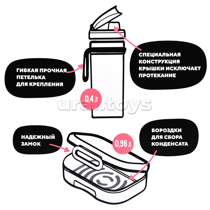 Набор: Ланч-бокс 0,98л и стакан детский с крышкой, петлей и декором "Смешарики" 0,4л (Розовый)