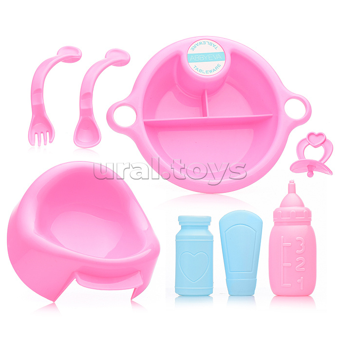 Набор аксессуаров для куклы ( набор посуды,бутылочки, соска+горшок) в пакете